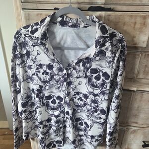 Floral Skull Print Blouse - Black and White